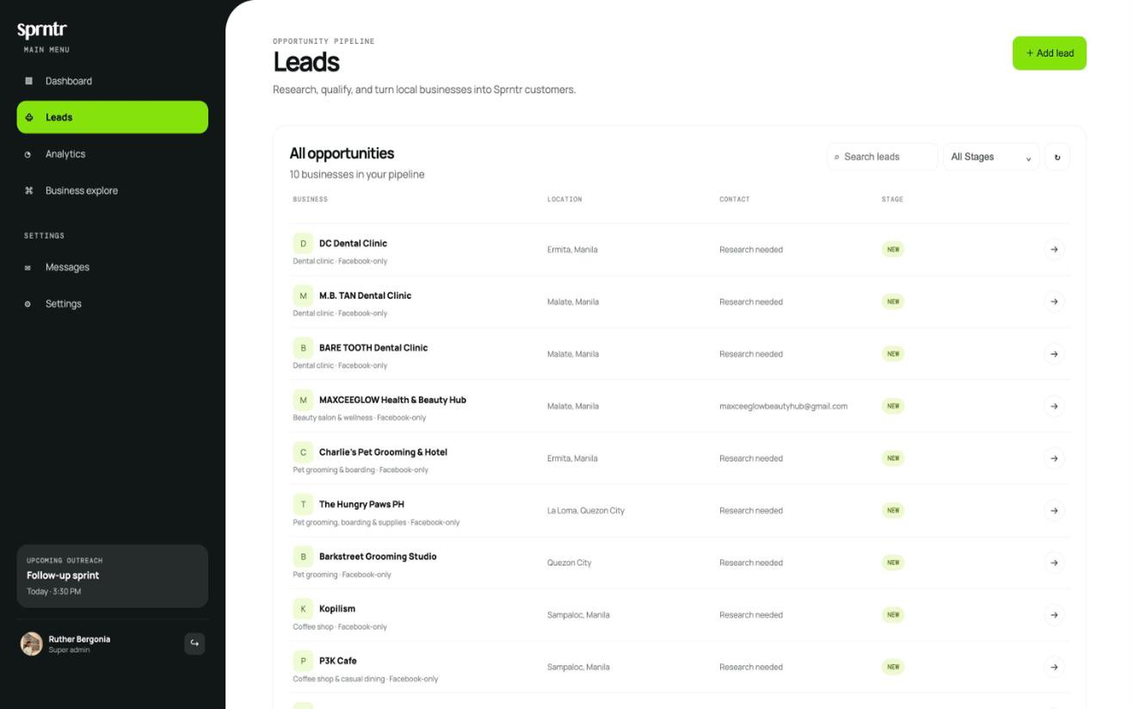 Sprntr lead management workspace